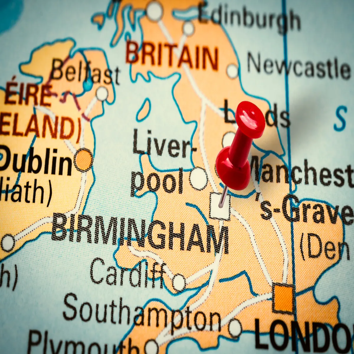 map of the uk with birmingham being marked with a pin