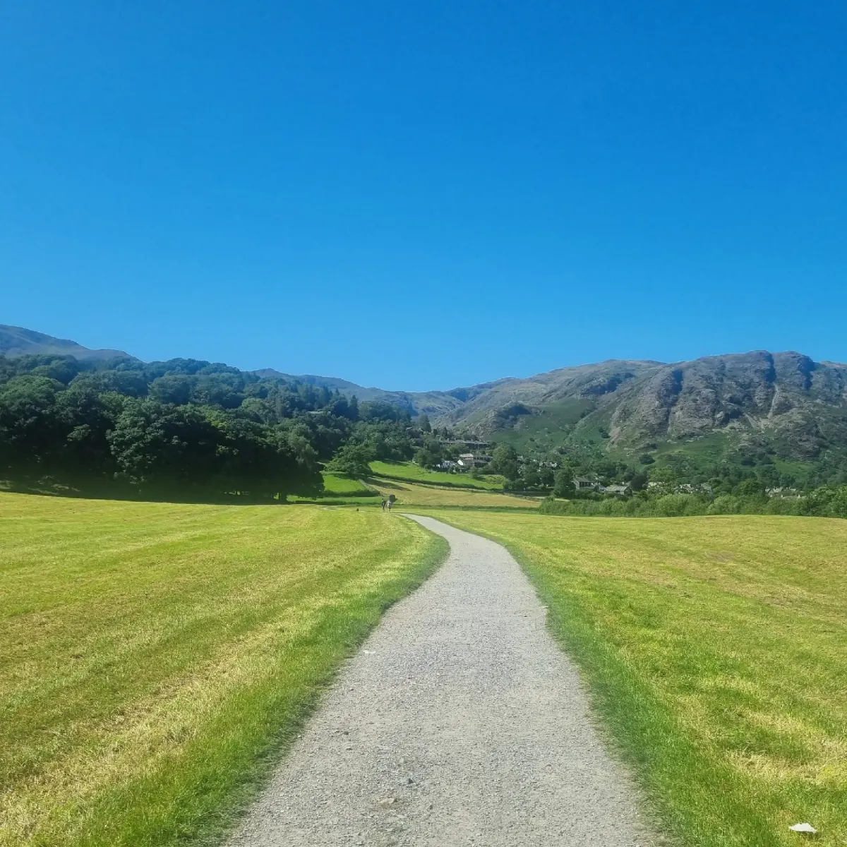 clear skies and a view of a mountain and fields