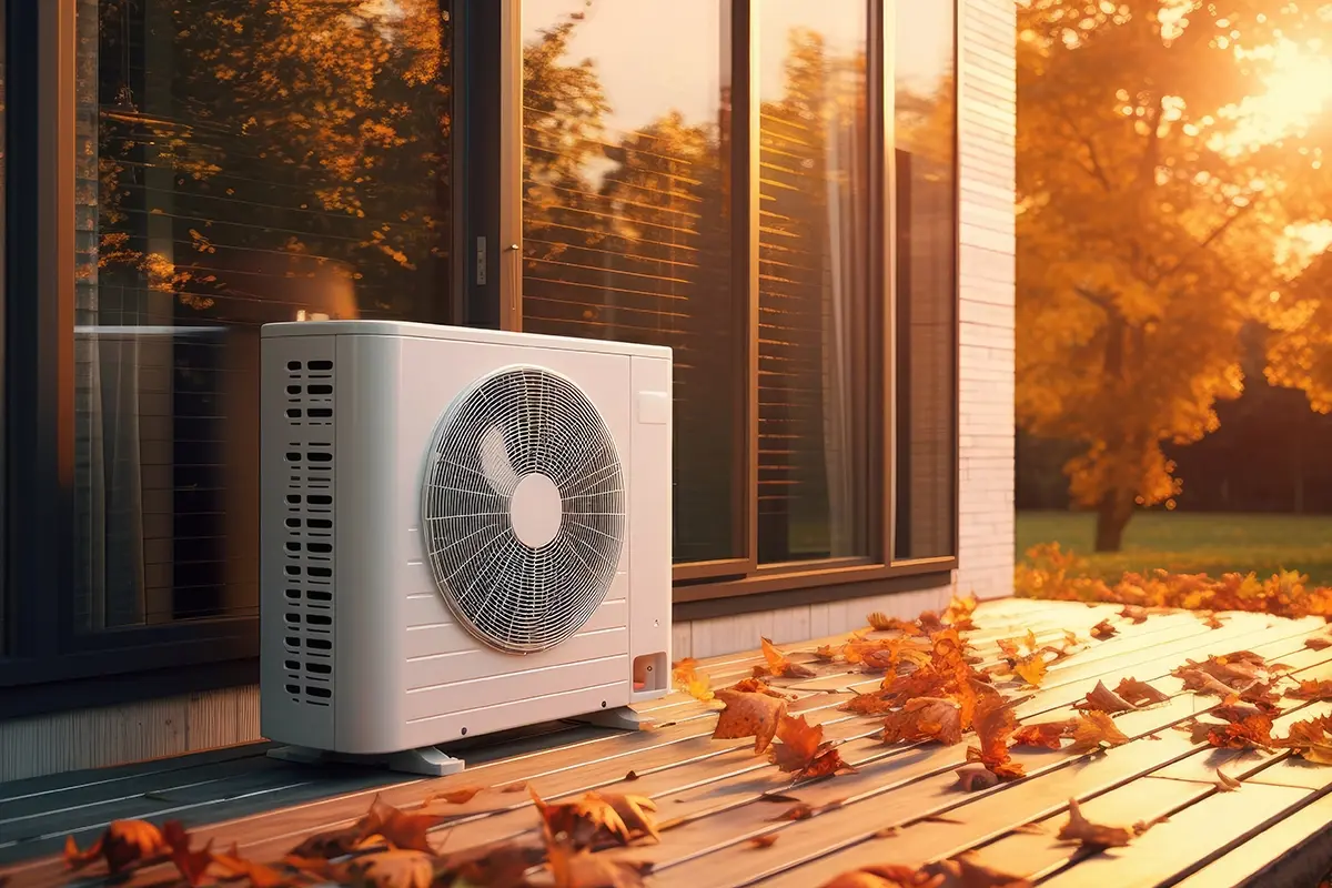 an air source heat pump on the decking of someones home in autumn