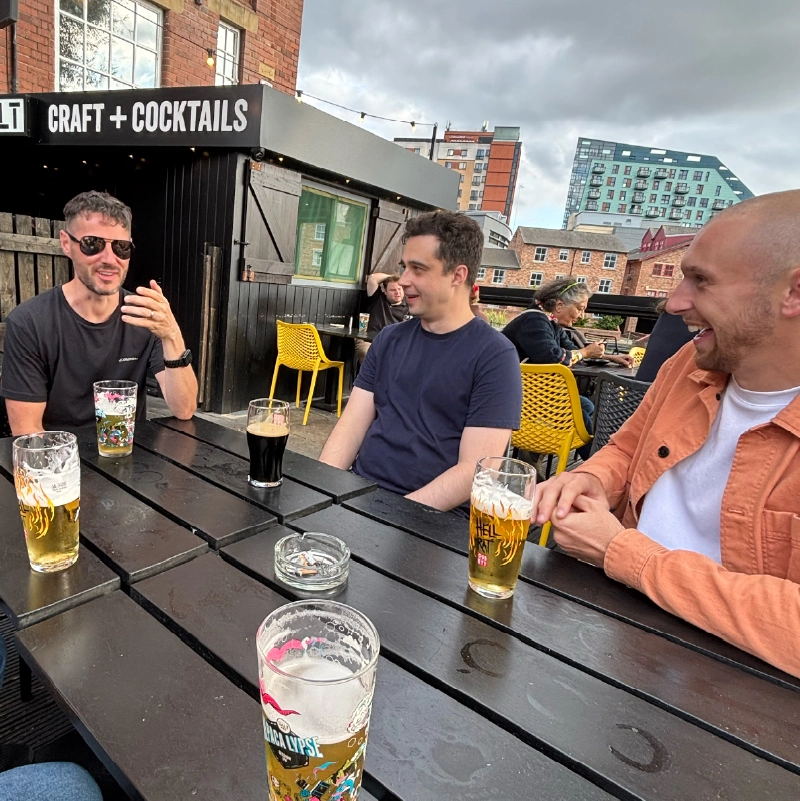 Wayne, Vadym and Reece chatting on the Twilo Summer Party at Salt Bar Leeds