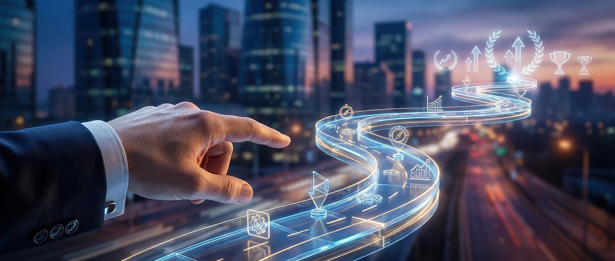 A hand pointing to a roadmap that shows website success