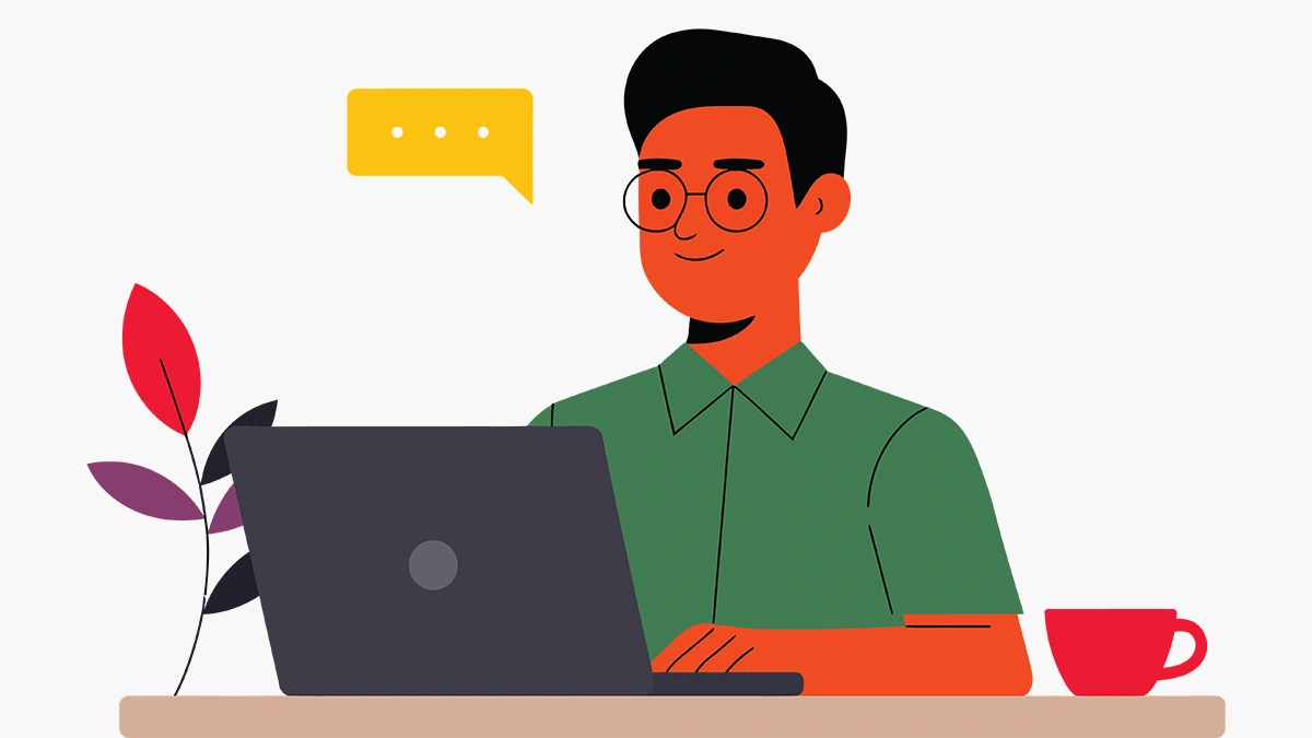 A graphic of a man at a laptop typing