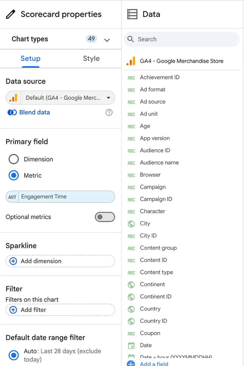 Example GA4 data in Looker Studio with the settings for a chart.