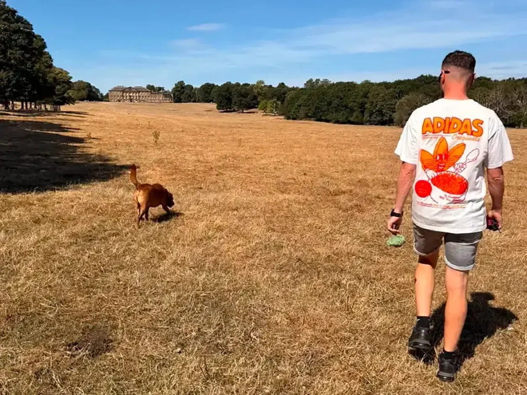 A man and a dog walking across a dry field