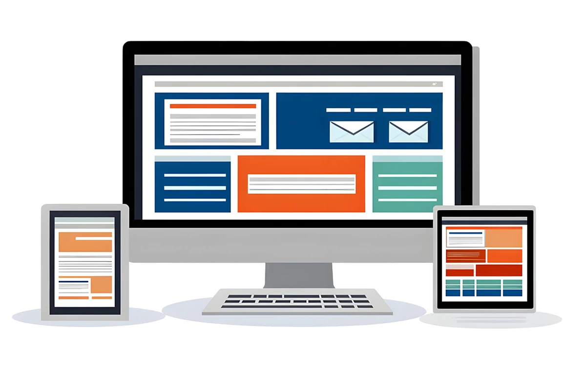 An illustration of a phone, desktop computer and tablet