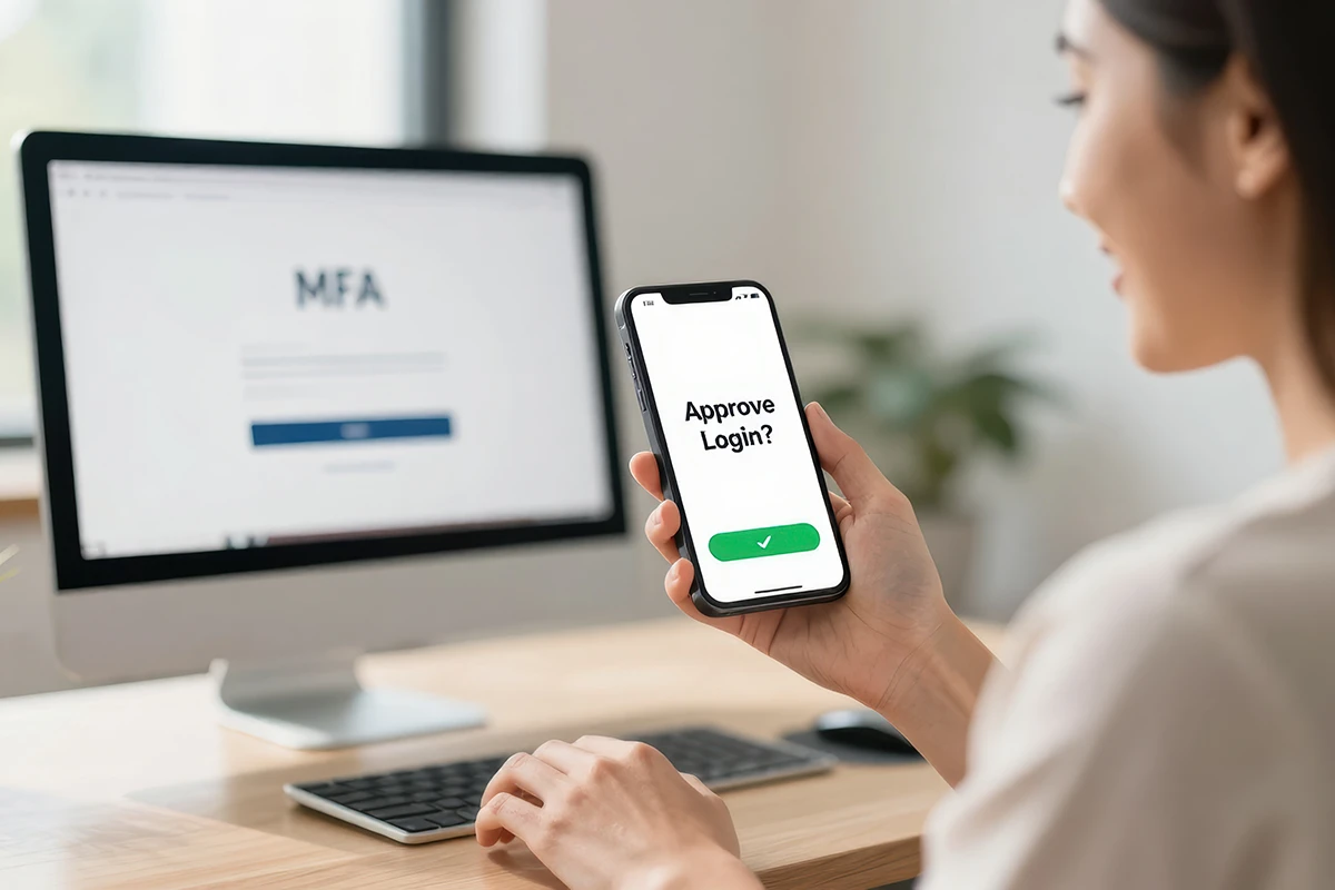 Alt: An Illustration of a user performing two factor authentication with their phone