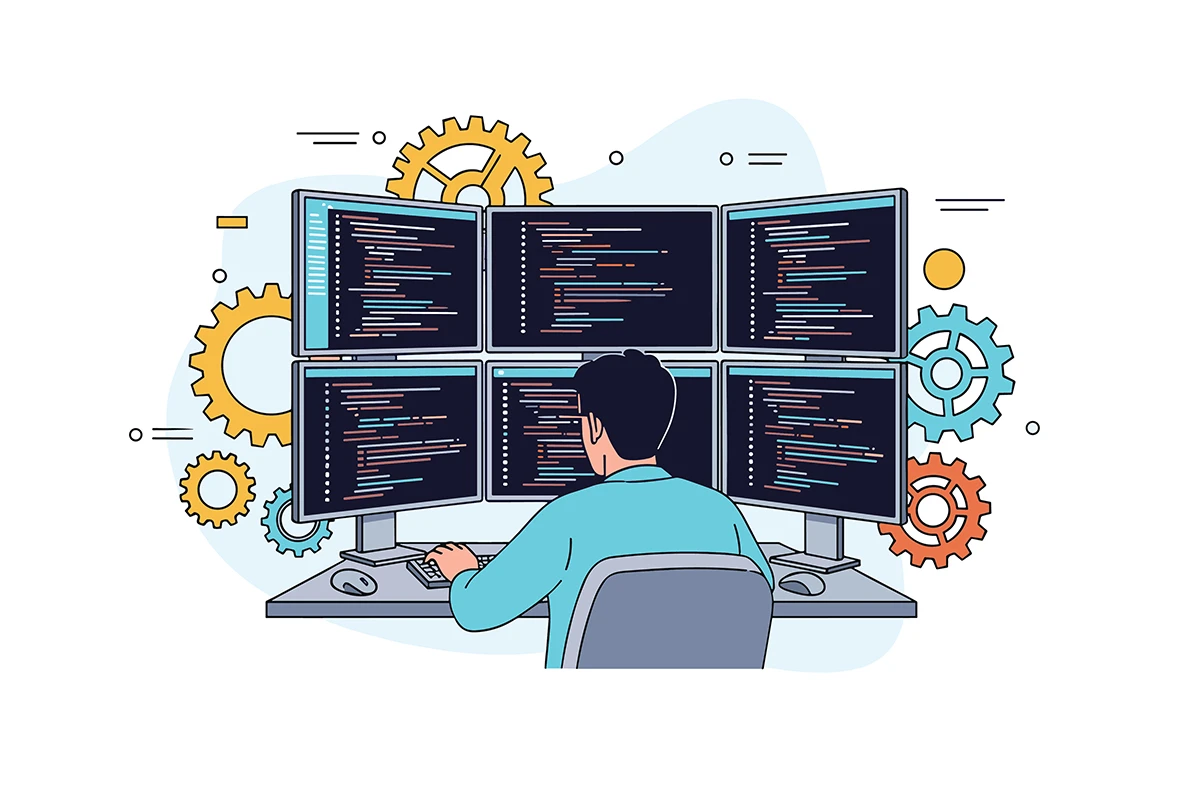 An illustration of a software developer reviewing code across multiple monitors during a regression testing session