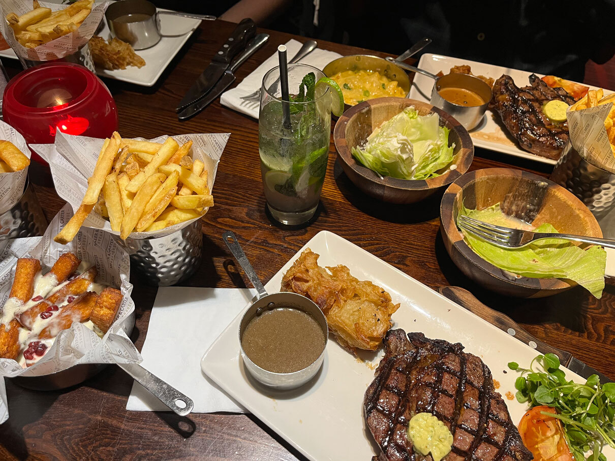 a table of steak and chips 