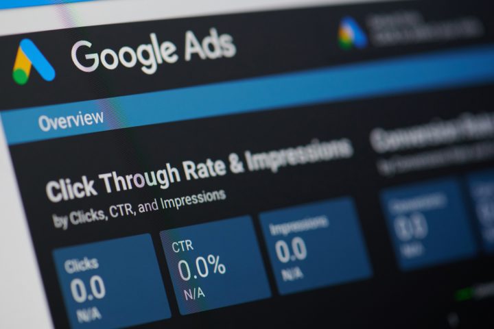 A screen with the Google Ads logog in showing click through rate and impressions information