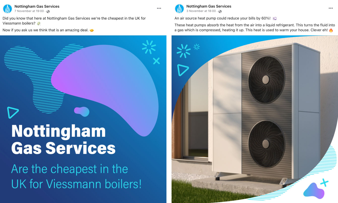 two facebook posts about heating solutions from nottingham gas services