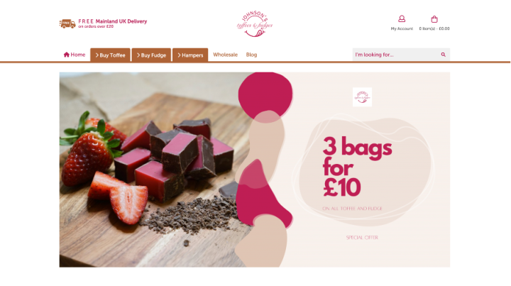 A website with a photo of fudge and chocolate. It was developed using open cart and features the latest PHP version