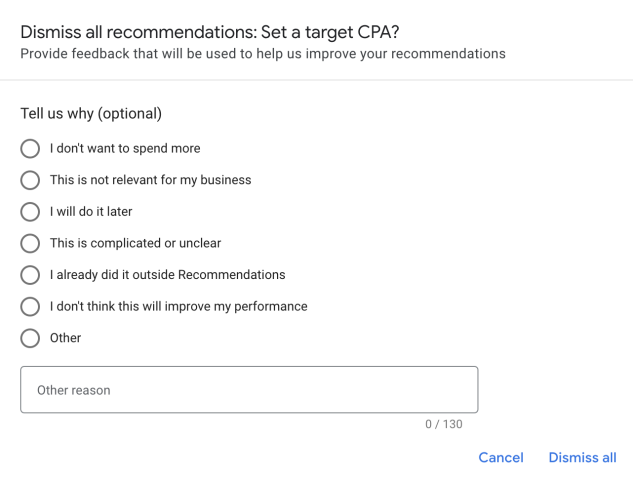 Google Ads dismiss recommendations feedback questionnaire