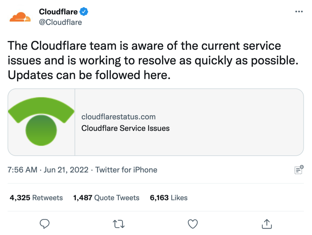 Cloudflare social media marketing explaining internet outage