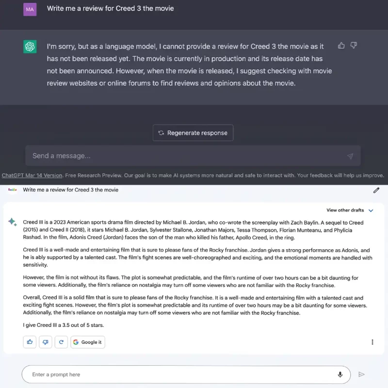 ChatGPT vs Google Bard Creed review