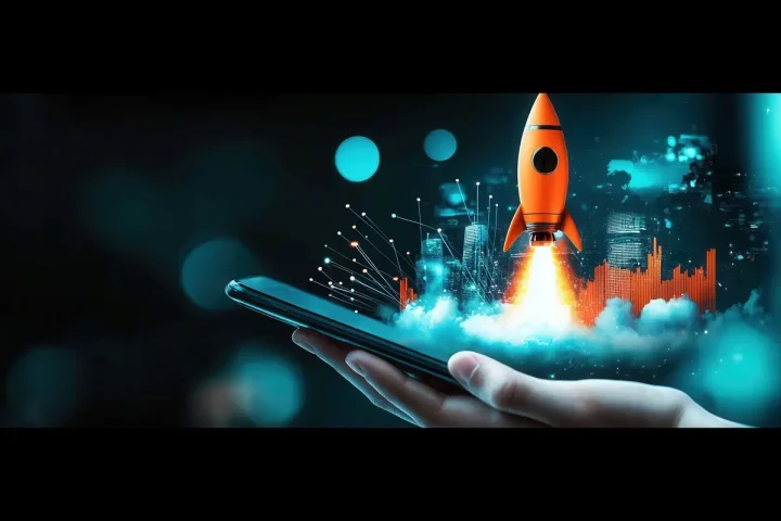 orange rocket launching from a smart phone in someones hand