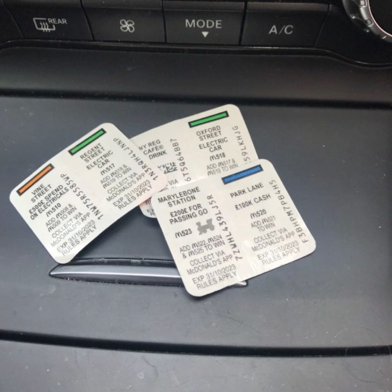 mcdonalds monopoly stickers in a car