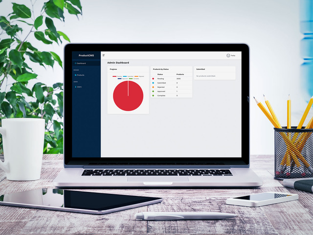 a product CMS admin dashboard on a laptop with a red filled pie chart
