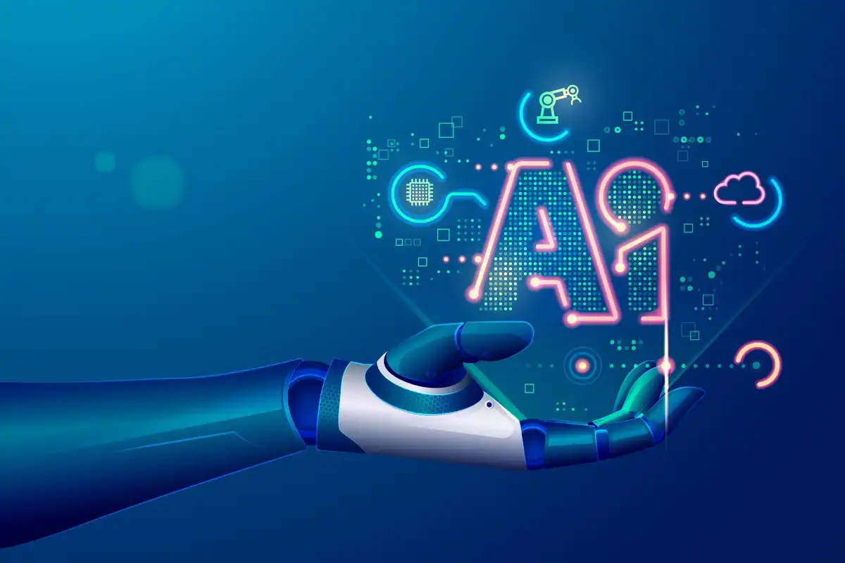 robot hand holding an image of AI