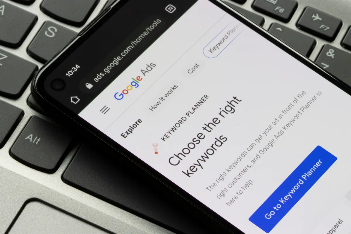 a phone showing the keyword planner on google ads
