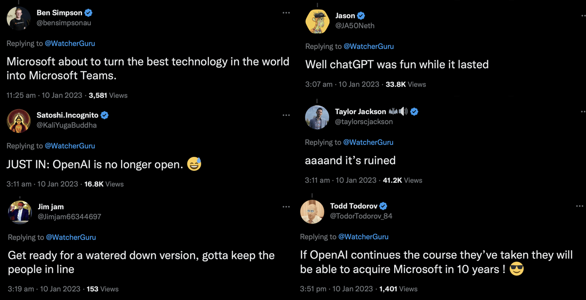 twitter response to Microsoft buying chatgpt